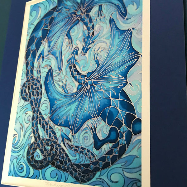 Intertwined Dragons Print - Mythical Creatures Art Print - Fiery Blue Dragons Print