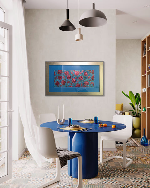 Folksy Boho Magnolia Flowers Pink & Sky Painting - hand painted silk Magnolias - Magnolias Original Art