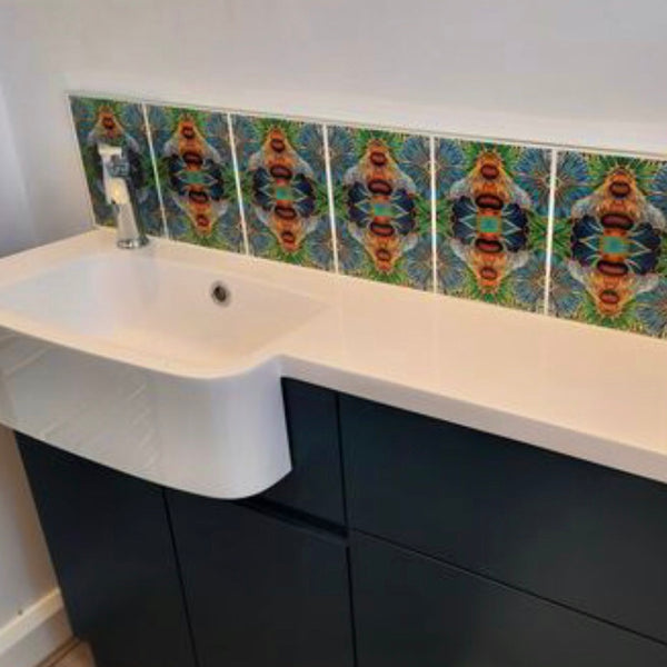 Blue green square 6x8” bee tiles. Honey bee bathroom tiles. Bumble bee kitchen tiles. bathroom remodel. kitchen makeover. Hand printed by Meikie pic shows them in bathroom makeover.