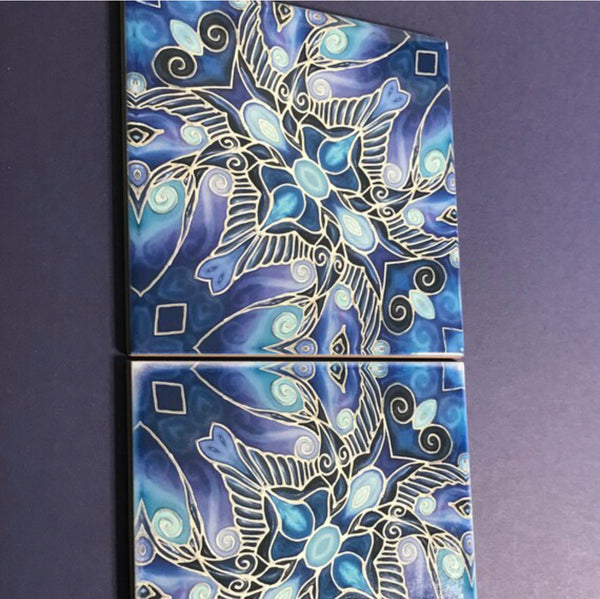 Deep Blue ‘Swallows Dance’ Tiles - Strong Art Deco Style 6x6” ceramic tile.