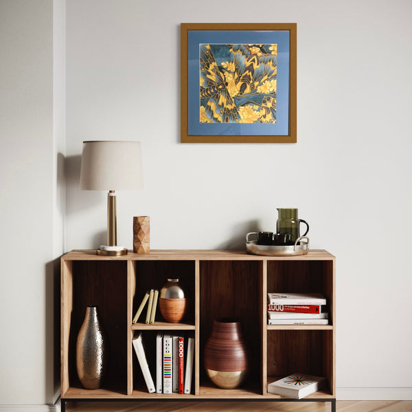 Moth on Lichen Painting - contemporary hand painted silk Butterflies - Blue Yellow Butterfly Original Art