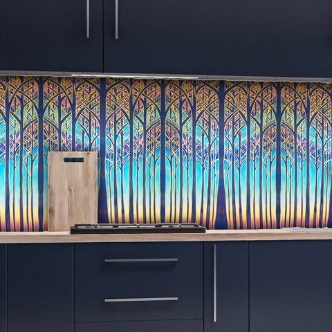 Stunning Cathedral Trees Splashback  - Vibrant Sunset Trees Made to Measure Glass Splashback