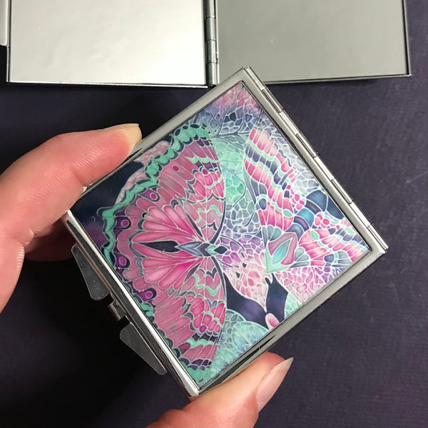 Butterfly Pocket Mirror in Pink and Mint - Pretty Folding Handbag Mirror - Gift for Her