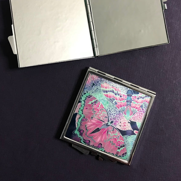 Butterfly Pocket Mirror in Pink and Mint - Pretty Folding Handbag Mirror - Gift for Her