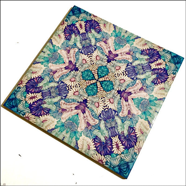 Pretty Stylised Flower Tiles - Lilac Turquoise Bohemian Ceramic Printed Tiles