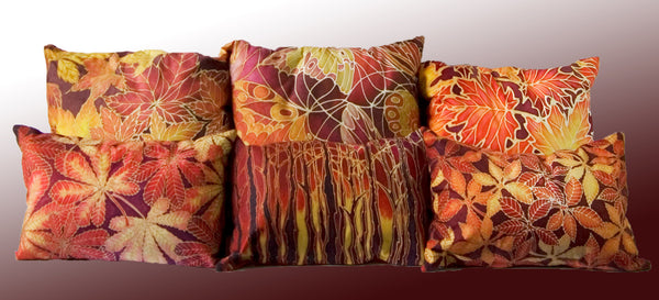 Autumnal Leaves Cushion Set - Reds Yellow Velvet Cushions - Four Leaves Designs by Meikie