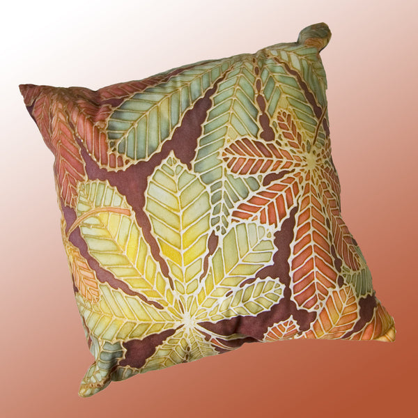 Horse Chestnut Leaves Cushion - green rust chocolate colours - Chestnut Leaves Pillow