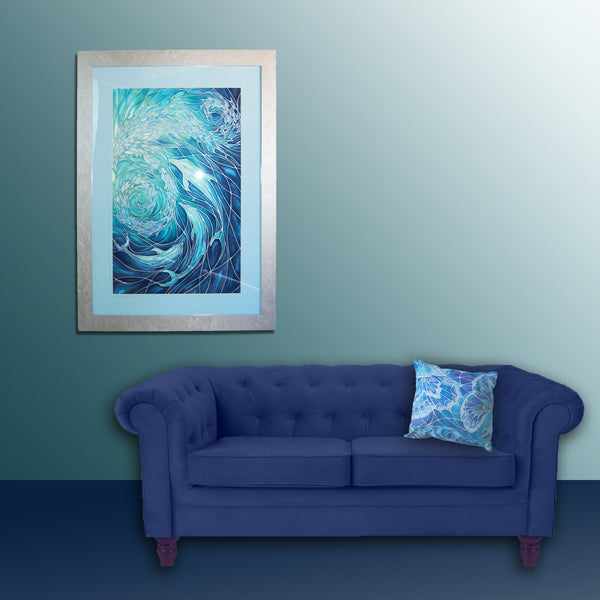 SOLD - Dolphin Swirl Original Painting - hand painted silk dolphins - Deep Sea Blues, Greens, Turquoises - Original Art