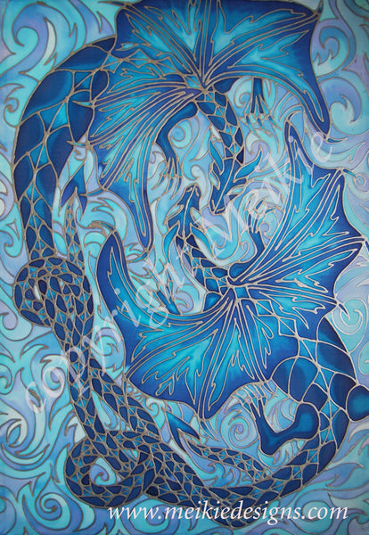 Intertwined Dragons Print - Mythical Creatures Art Print - Fiery Blue Dragons Print