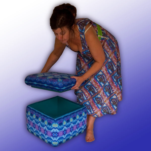 SOLD Dramatic Footstool Persian Style Design - Rich Blue Green Footstool - Bespoke Upholstery.