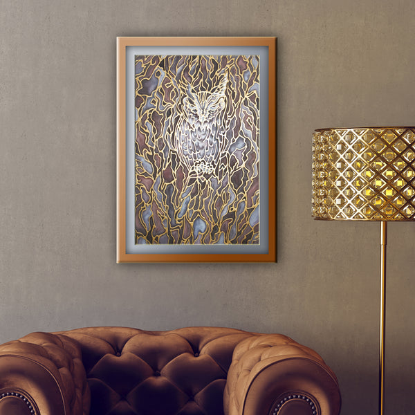 Hidden Owl original hand painted silk gold grey chocolate colours