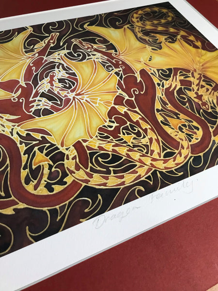 Dramatic Dragon Family Print - Mythical Creatures Art Print - Fiery Red Dragons Print