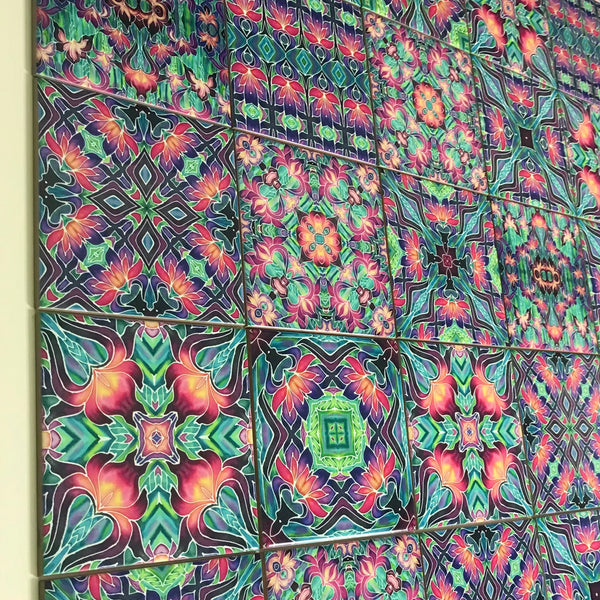 Vibrant Purple Iris Bohemian Mixed Set of 50 Ceramic Tiles - Pink Green Purple Turquoise Bright Bohemian Kitchen Tiles