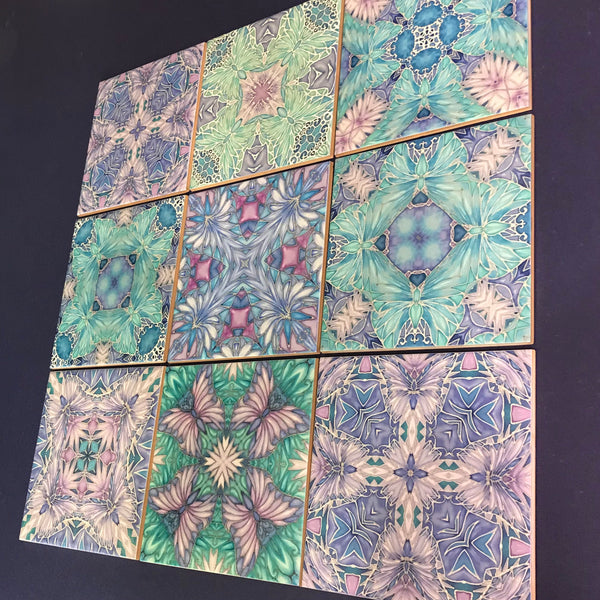 Pretty Pastel Mixed Set of 50 Ceramic Tiles - Pastel Blue Green Lilac Turquoise Bright Bohemian Kitchen Tiles