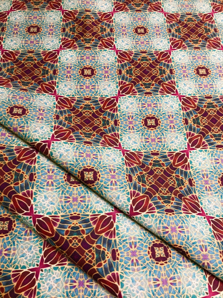 Teal Green Red Lime Gold 'Butterfly Roundels' Designer 100% Cotton Satin fabric for curtains, upholstery and soft furnishings