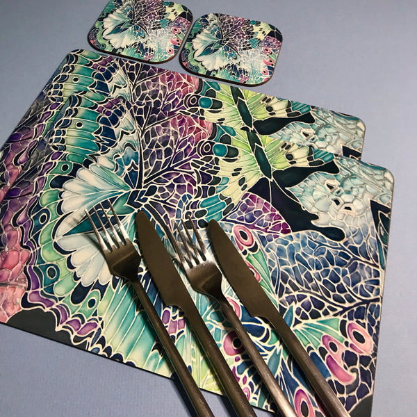 Butterfly on Leaves hard wearing Table Mats - Teal Pink Plum Charcoal Green Tableware