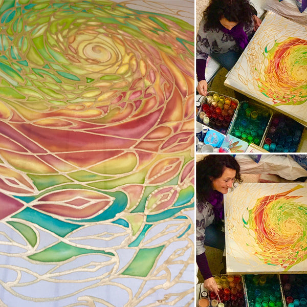 Richly Jewelled Sunset Shoal Silk Painting - hand painted silk Sunset Shoal