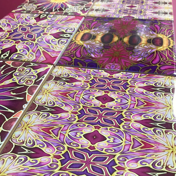 Bees and Flowers Mixed Tiles Set - Plum Purple Gold Tiles - Beautiful Tile - Bohemian Tiles