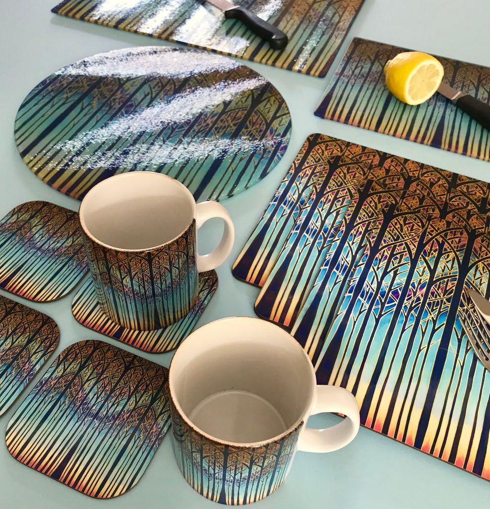 Table mats, Cathedral Trees Coloyrful sunset high quality placemats, coasters, dishwasher and microwave safe mugs in regular and xl sizes, glass chopping boards, counter saver, platters, mouse mats, square table mats, rectangular table mats, round table mats. Set the table. Come to dinner. Home dining.