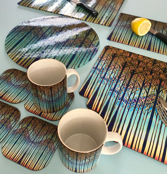 Table mats, Cathedral Trees Coloyrful sunset high quality placemats, coasters, dishwasher and microwave safe mugs in regular and xl sizes, glass chopping boards, counter saver, platters, mouse mats, square table mats, rectangular table mats, round table mats. Set the table. Come to dinner. Home dining.