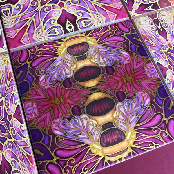 Bees and Flowers Mixed Tiles Set - Plum Purple Gold Tiles - Beautiful Tile - Bohemian Tiles