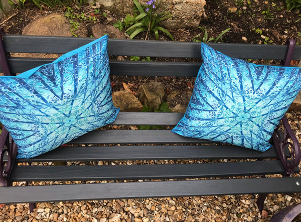 Blue Teal Mint Kaleidoscope Trees Showerproof Cushion - Showerproof Garden Cushions - Blue green turquoise Cushion