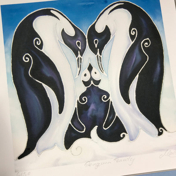 Loving Penguin Family Signed Print - Penguins with Baby - Blue Penguin Bathroom Art