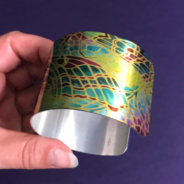 Teal Green and Beaujolais Butterfly Moth Cuff Bracelet - Comtemporary Green Bangle - easy wear lightweight aluminium.