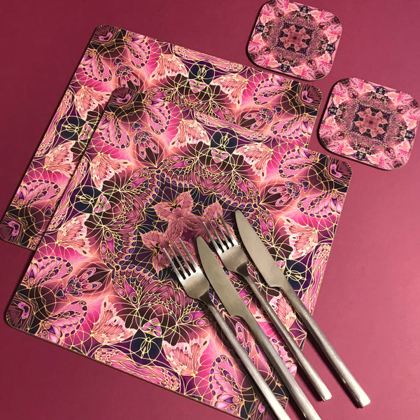 Kaleidoscope Butterfly Square Table Mats & Coasters - Lilac Charcoal Pink and Green Table Mats