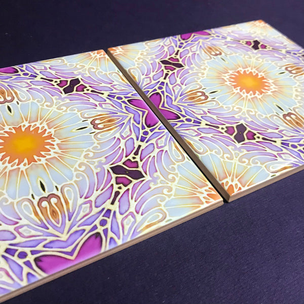 Pretty Stylised Daisy Tiles - Creamy White and Plum Bohemian Ceramic Printed Tiles