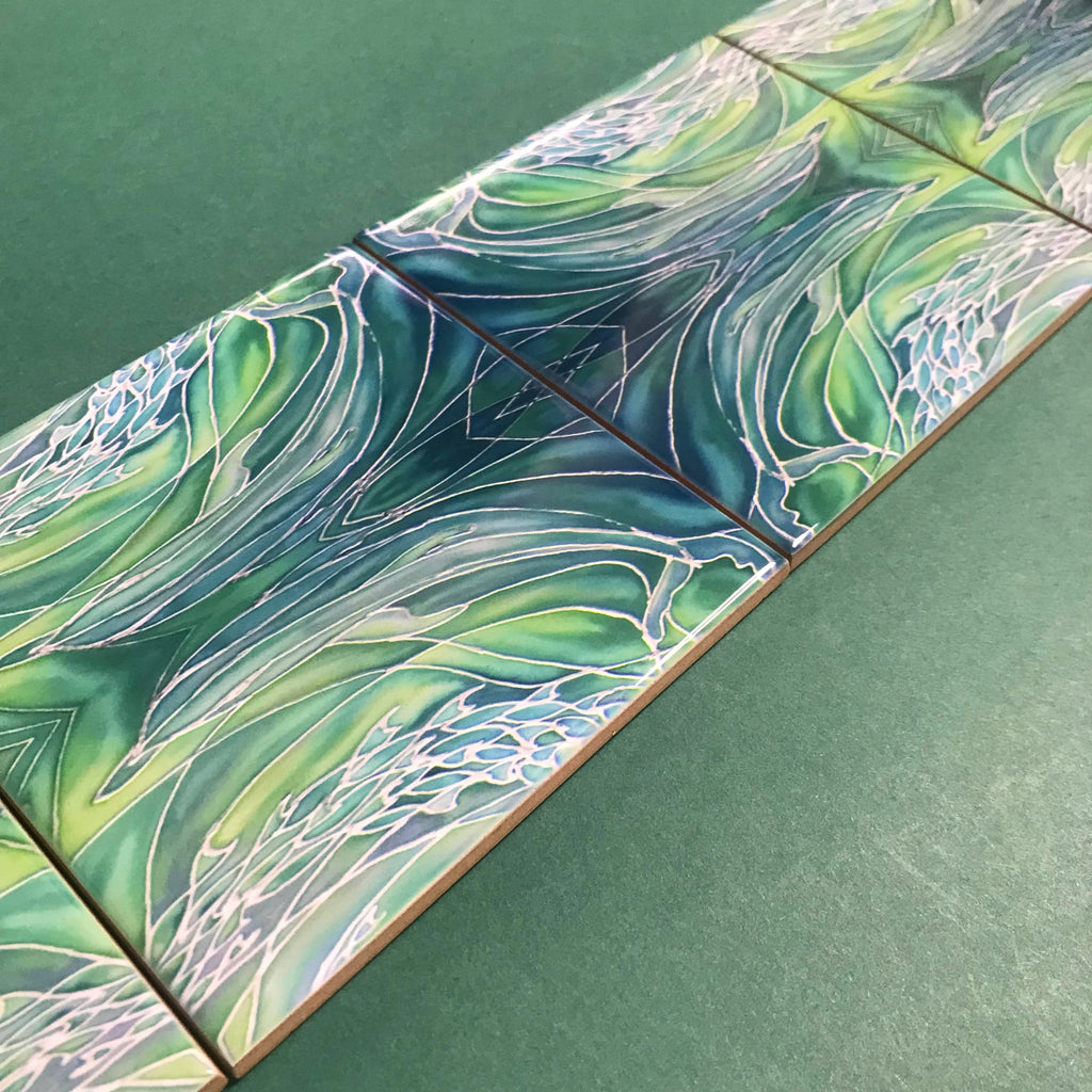 Sea Green Dolphin Twins Small 4.25” Square Tiles -  Green Ceramic Bathroom Kitchen Hand Printed Tiles