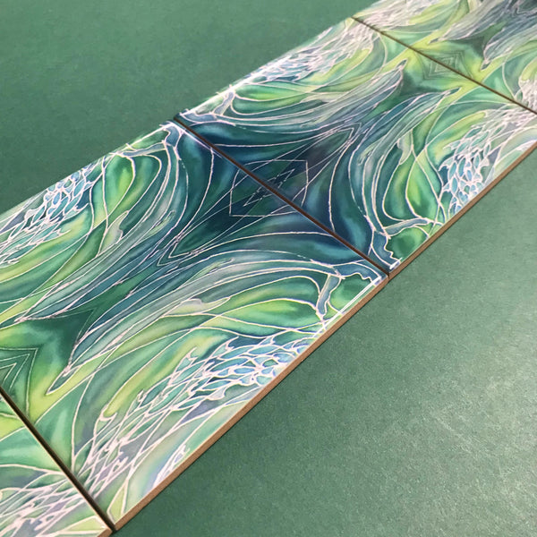 Sea Green Dolphin Twins Small 4.25” Square Tiles -  Green Ceramic Bathroom Kitchen Hand Printed Tiles