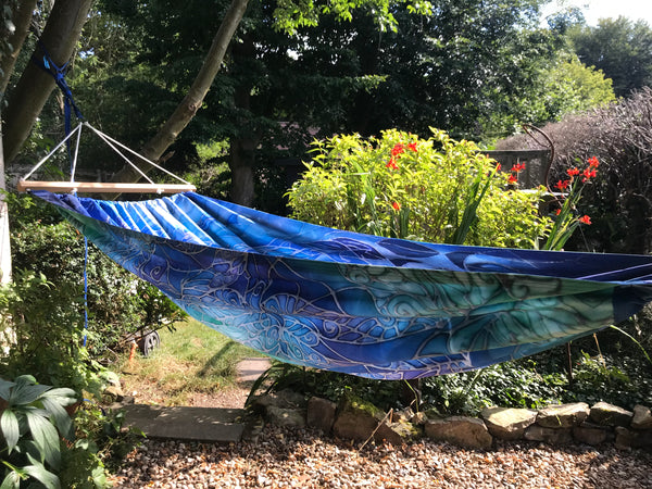 Gorgeous Blue Green Reversible Hammock - featuring Blue Shoal on one side and Dragonflies on the reverse.