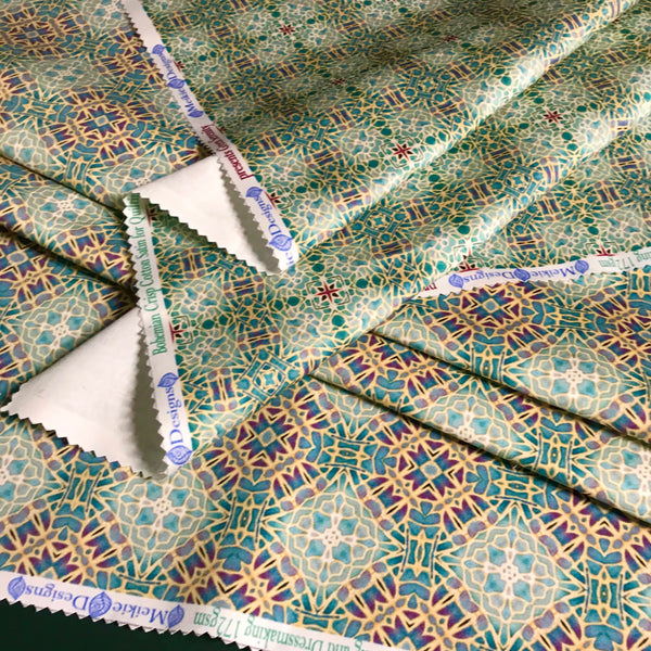 Soft Teal Green Turquoise Lilac Gold 'Gentle Stars' Designer 100% Cotton Satin fabric for curtains, upholstery and soft furnishings