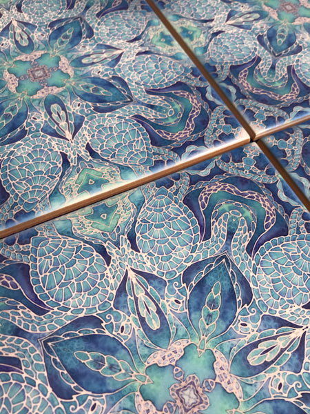 Blue turtle mandala tiles 6x6” squares with a smooth shiny surface, gorgeous aqua ultramarine & royal blue shades, hand printed by Meikie in her Studio. Perfect for a bathroom makeover as a full wall, border or individual tiles set into plain tiles.