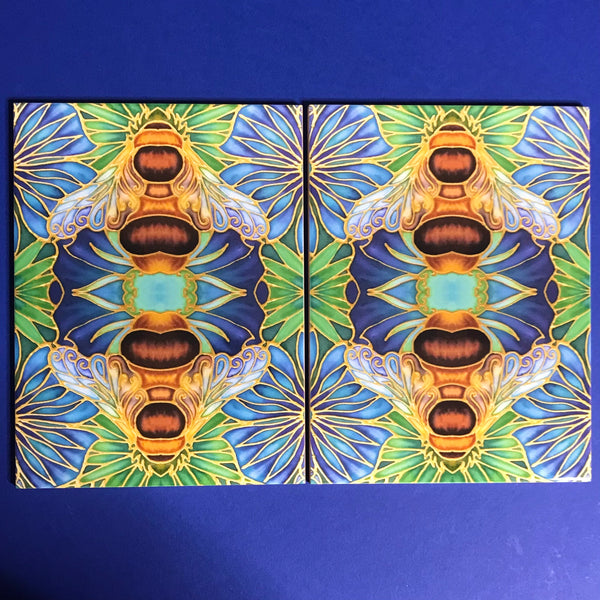 Blue green square 6x8” bee tiles. Honey bee bathroom tiles. Bumble bee kitchen tiles. bathroom remodel. kitchen makeover. Hand printed by Meikie