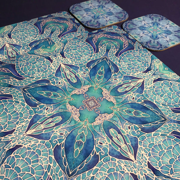 Blue Turtle Mandala Square Mats & Coasters - Sea Life Table Mats