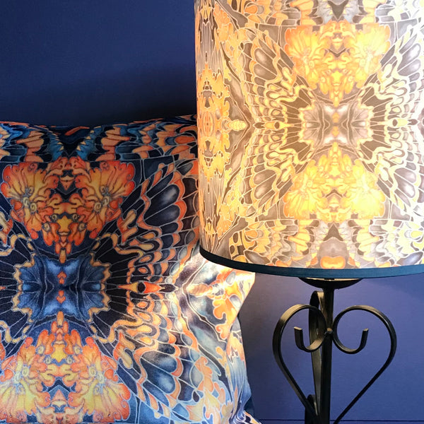 Contemporary Grey Blue Orange Butterfly Moth Lamp shade - Butterfly Moth Drum Shade - Atmospheric lamp Shade