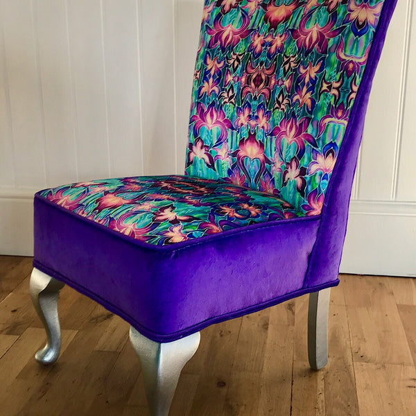 SOLD Purple Irises Bedroom Chair - Iris Flowers Small Chair - Bespoke Upholstery.