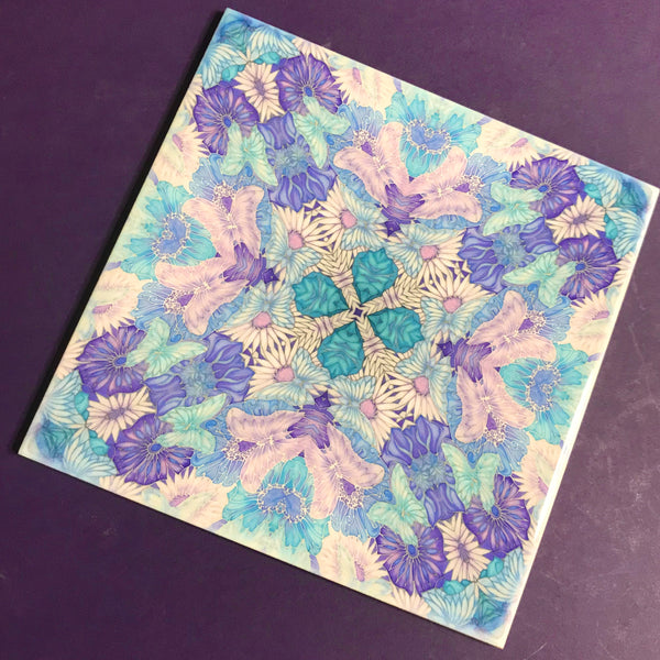 Pretty Stylised Flower Tiles - Lilac Turquoise Bohemian Ceramic Printed Tiles