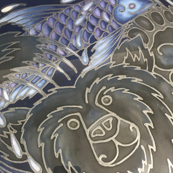 Happy Bear Silk Painting - Bear with Fish Original Art - Black Bear Painting