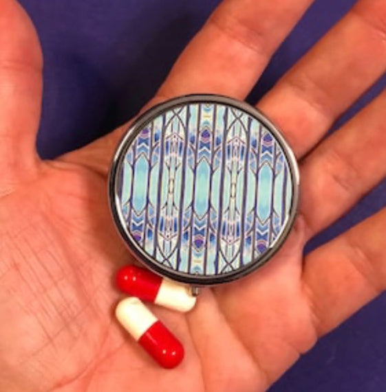 Sky Arches Contemporary Pill Box - Pretty Art Deco Style Blue Round Box - Stud Earing Jewellery Box