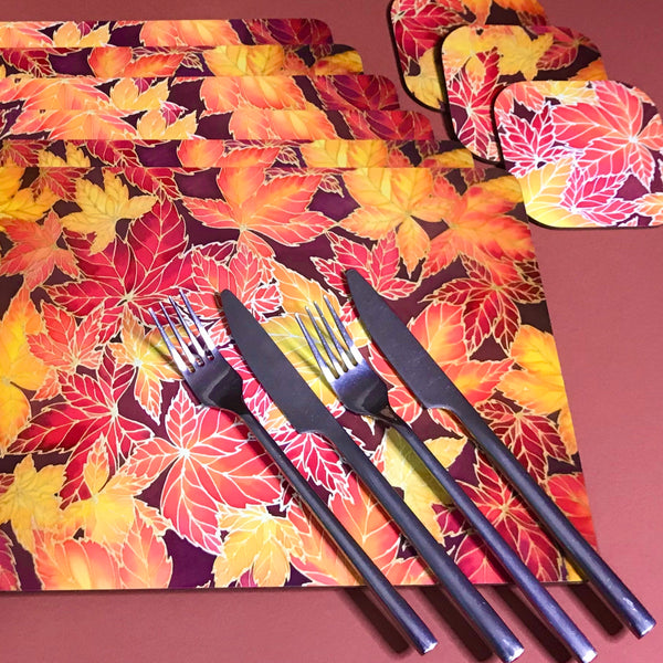 Autumn Leaves Placemats & Coasters - Virginia Creeper Leaves Table Mats - Red Yellow
