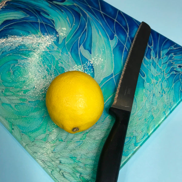 Dolphins Glass Chopping Board - Dolphin Trivet - Blue Pot Stand - Heat Proof Table Top Saver - Decorative Platter