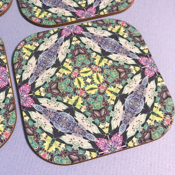 Kaleidoscope Butterfly Square Table Mats & Coasters - Lilac Charcoal Pink and Green Table Mats