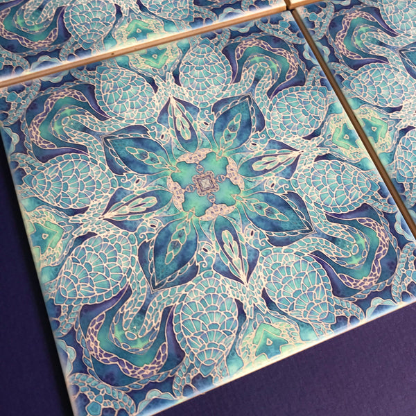 Blue turtle mandala tiles 6x6” squares with a smooth shiny surface, gorgeous aqua ultramarine & royal blue shades, hand printed by Meikie in her Studio. Perfect for a bathroom makeover as a full wall, border or individual tiles set into plain tiles.