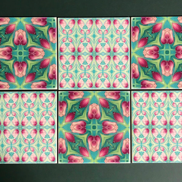 Pink Tulip Mixed Set of Bathroom Tiles - Arts and Crafts Look Bright Bohemian Kitchen Tiles