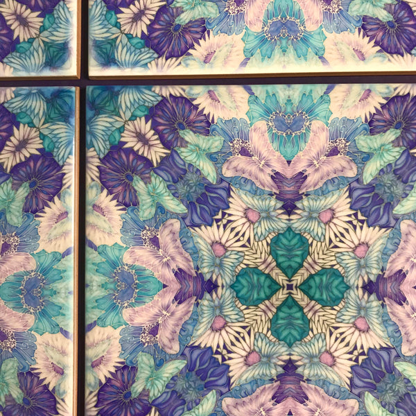 Pretty Stylised Flower Tiles - Lilac Turquoise Bohemian Ceramic Printed Tiles