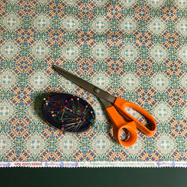 Soft Teal Green Turquoise Lilac Gold 'Gentle Stars' Designer 100% Cotton Satin fabric for curtains, upholstery and soft furnishings