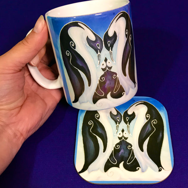 Cute Ice Blue Penguin Family Mug and Coaster Box Set - Penguin Box Set - Blue Penguin Gift